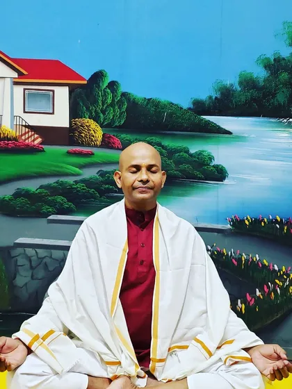 Here I am settled for a mantra meditation. This ancient practice uses sound to help quiet the constant chatter of the mind and achieve a state of deep rest. It is a simple yet profound tool for reducing stress and finding inner peace, and I guide students on how to incorporate it into their daily lives.