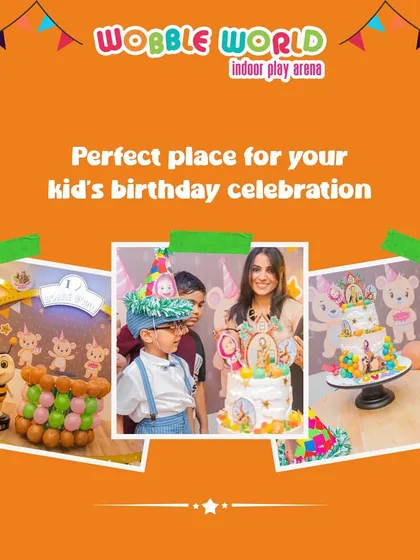 A collage showing the perfect elements for a kid's birthday celebration: a themed cake, fun decorations, and happy faces.