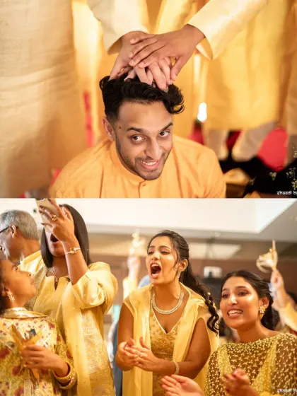A collage of fun and candid moments from the haldi, showing the playful blessings and the guests' reactions.
