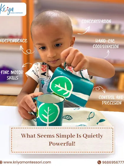 A child practices pouring grains, a classic Practical Life exercise. This activity develops fine motor skills, hand-eye coordination, and precision. It’s through such purposeful work that children build independence and the focus needed for more complex tasks.