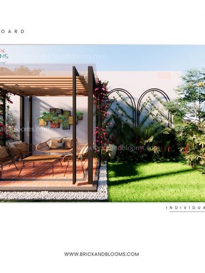 Another view of our backyard design, highlighting the use of arched trellises on the wall for climbing plants. This adds vertical interest and a touch of classic garden elegance.