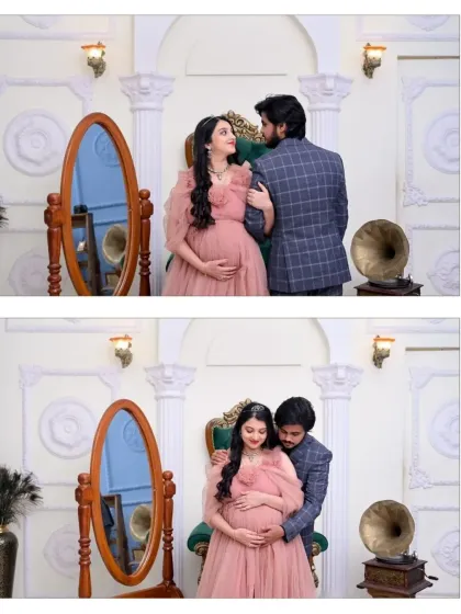 A pair of romantic poses from the same elegant session. These shots capture the loving gaze between the couple and a supportive embrace, showcasing the connection they share.