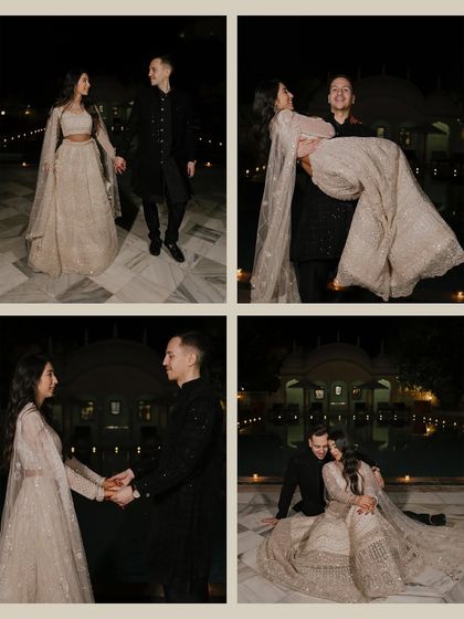 A collage of romantic couple portraits at a palace venue at night. It includes shots of them walking, the groom carrying the bride, and them sharing a quiet embrace, telling a complete love story.