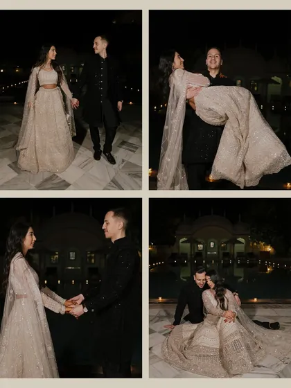 A collage of four romantic and playful couple portraits from their evening event, including shots of the groom carrying the bride and them sharing a quiet embrace.