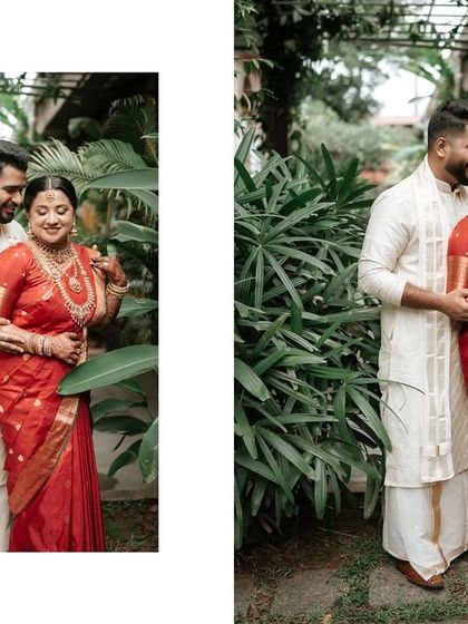 A beautiful portrait of the couple surrounded by lush greenery, showcasing their traditional attire and the serene wedding atmosphere.