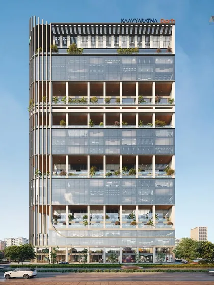 A full-length view of the Narmada tower. This upcoming new-age commercial building in Gujarat's GIFT City embodies modernity and elegance, offering stunning views from its corner plot.