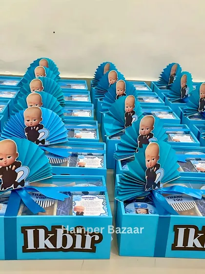 Our Boss Baby hampers are a huge hit for kids' birthdays! This is a glimpse of a bulk order we did for Ikbir's second birthday. We can customize everything from the name on the box to the goodies inside.
