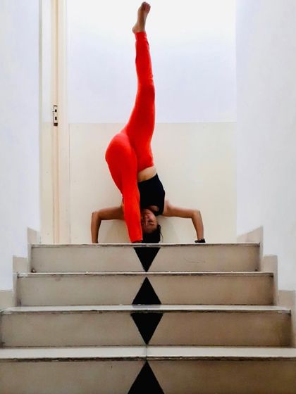 A standing split on the stairs. I love finding creative ways to explore asanas. Hatha Yoga offers such a wide variety of poses to discover.