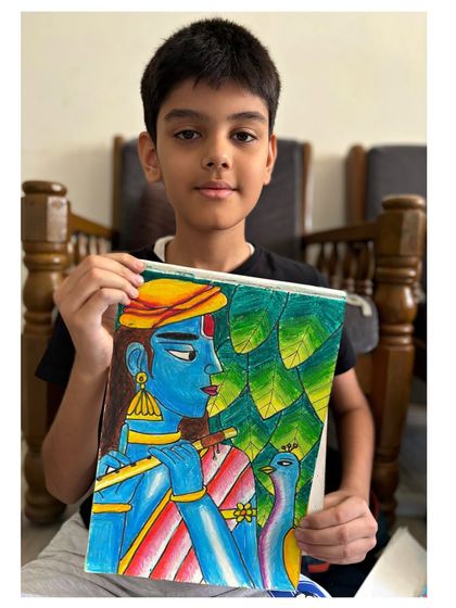 An artwork of Lord Krishna by a 4th-grade student, showing a profile view with a peacock. The use of colour and detail is a testament to their growing skills.