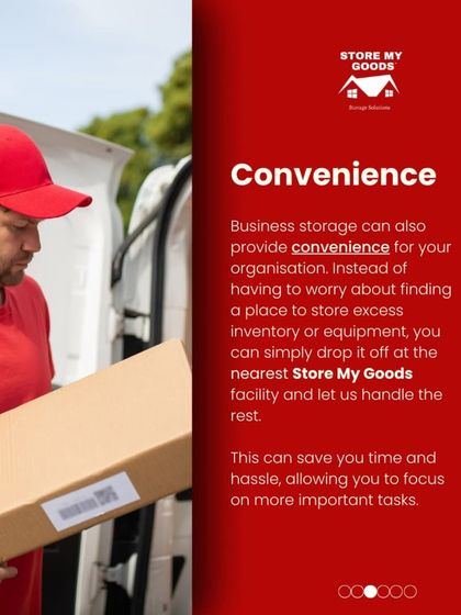 I provide convenience for your organization. Instead of worrying about where to store excess inventory, you can simply drop it off at my nearest facility and let me handle the rest.