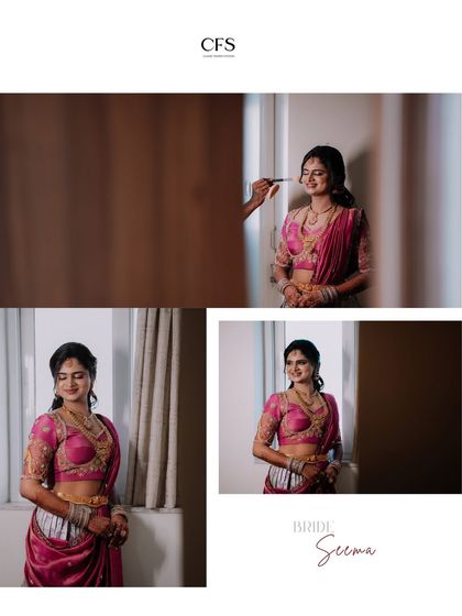 A collage of a bride getting ready, capturing the final touches of makeup and her radiant smile. These behind-the-scenes moments are a beautiful part of the wedding story.