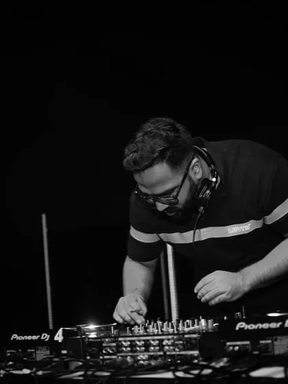 A black and white shot of me focused on the mixer during a techno set. This was from a special birthday gig I played at The Lalit, New Delhi.