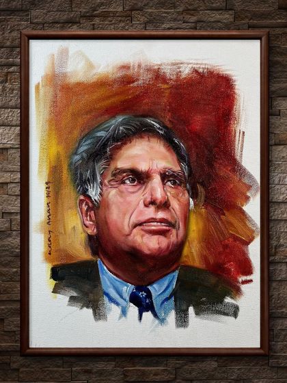 The Ratan Tata oil portrait, presented in a digital frame. This shows how a tribute portrait can be a distinguished piece of art for an office or study.