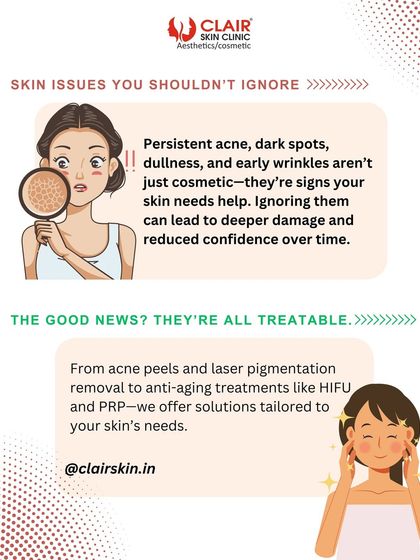 Skin issues like persistent acne, dark spots, and dullness shouldn't be ignored. We offer treatable solutions from acne peels and laser pigmentation removal to anti-aging treatments.