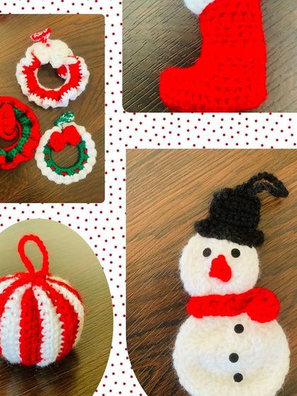 Close-up shots of the snowman, stocking, wreath, and bauble ornaments, highlighting the handmade details of each piece.