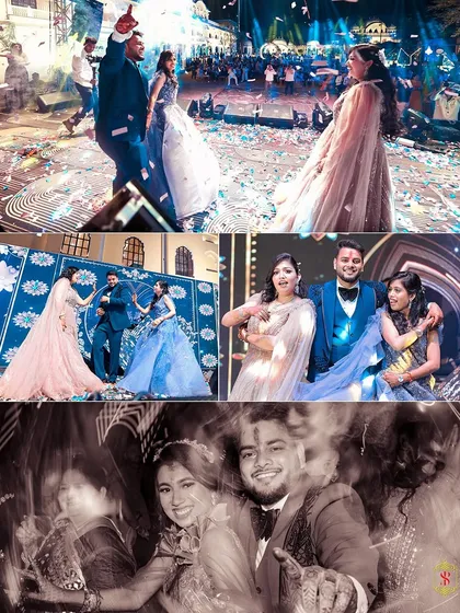A collage of high-energy moments from the dance floor and sangeet night of an engagement celebration.