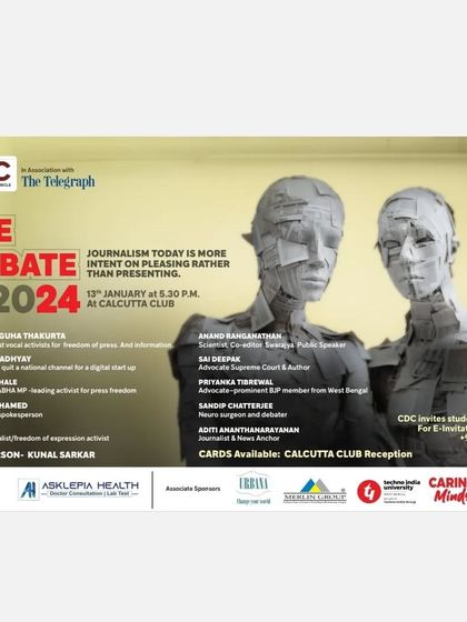 The poster for the Calcutta Club debate. I participated alongside a diverse panel of journalists, politicians, and thinkers to argue my side of the motion.