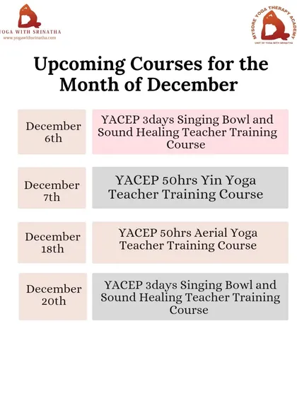The December schedule for our specialized workshops, including Sound Healing, Yin Yoga, and Aerial Yoga Teacher Trainings.