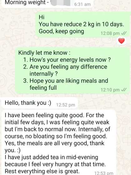 "No bloating so I'm feeling good." This is the kind of internal change my clients feel. It's not just about the number on the scale, but about improving energy levels and overall well-being.