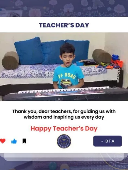 A young musician at his keyboard sends a message of gratitude. Our music teachers help students find their rhythm and build confidence.