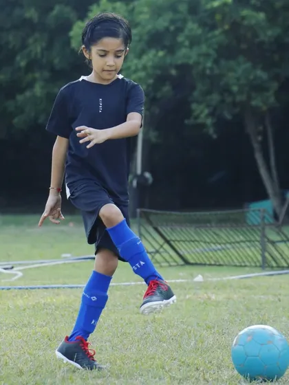 Sharanya in action, showing great form and technique. We provide a supportive environment for girls to thrive in football.