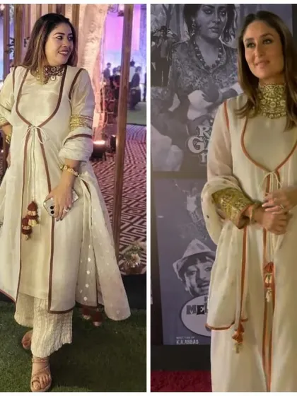 If you love a celebrity's style, we can bring that inspiration to life for you. Here's a side-by-side of my custom recreation of a beautiful Kareena Kapoor outfit for one of my lovely clients.