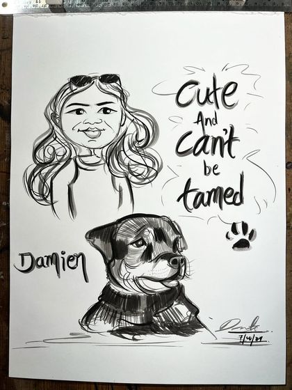 "Cute and can't be tamed." A fun dual-caricature of a pet owner and their tough-looking but lovable Rottweiler, Damien.
