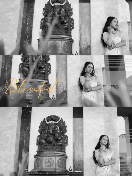 A blissful black and white collage of the bride. The artistic composition, featuring a Ganesha statue, adds a spiritual and serene touch to her engagement portraits.
