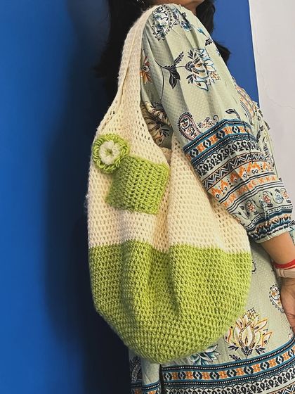 Another angle of the customer with her custom crochet tote. I love seeing my creations being used and loved.