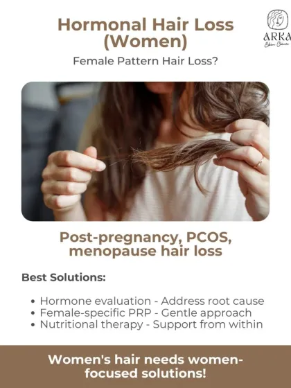 Women's hair loss is unique and often linked to hormonal changes from PCOS, post-pregnancy, or menopause. I create gentle, women-focused treatment plans, including female-specific PRP and nutritional therapy, to address the root cause of female pattern hair thinning.