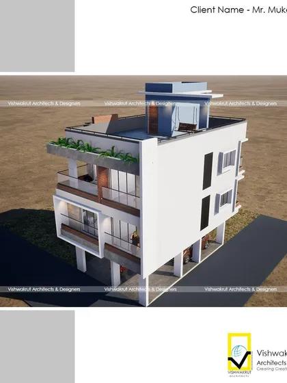 An architectural render for a stilt-plus-two residential building in Bhendkhal, Uran. The design elevates the living spaces to offer better views and privacy, with dedicated parking on the ground floor.