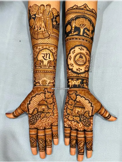 Your story, personalized in henna. This full bridal design features the couple's initials "RN" as a central monogram, surrounded by wedding scenes, cow and calf motifs, and a depiction of the sacred pheras.