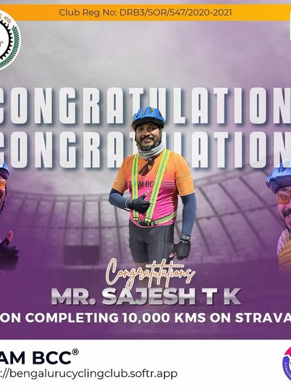 We congratulate Sajesh T K on completing 10,000 kms on Strava. Keep up the great work!