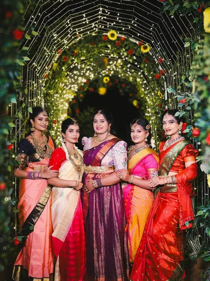 A group of beautiful women celebrating Sankranti in traditional sarees and our imitation jewellery.