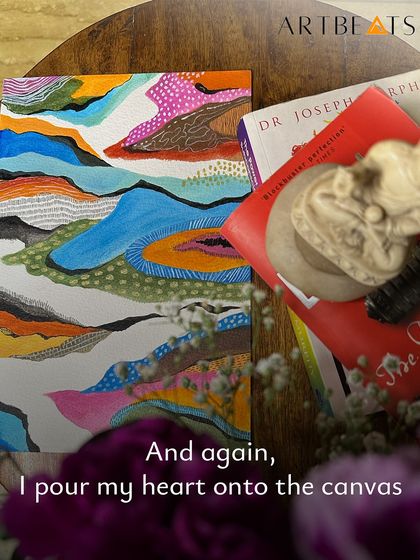 This piece, 'Journeys Within', was created in a pure flow of intuition. I let the colors, strokes, and marks guide me without overthinking the final outcome. It’s a vibrant, textured map of an internal landscape.