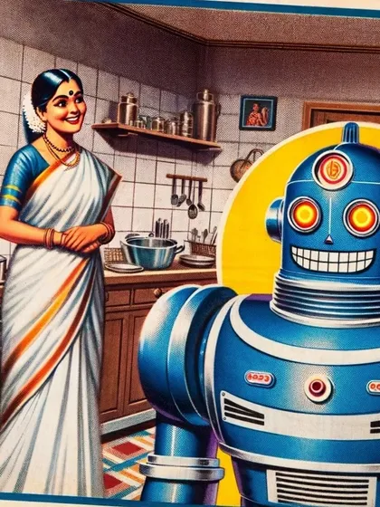 A vintage-style illustration for the fictional 'Indian Sentient Machines Corporation' (INSEMCO). This series tells the story of a company that brought helper robots to Indian homes in the 1960s.