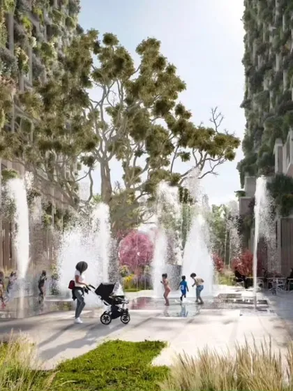 The central plaza at Sky Gardens is designed to be a lively and engaging space for the community, with interactive water features and ample seating.