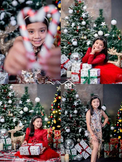 Our Christmas mini sessions are designed to be fun, festive, and full of holiday magic. This collage showcases the variety of joyful moments we capture, from playing with props to posing by the beautifully decorated trees.