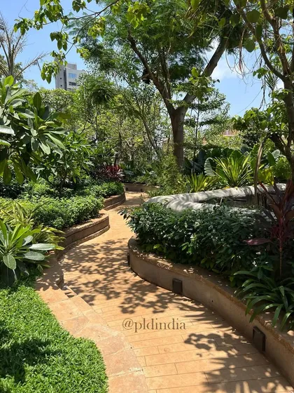 This winding path is bordered by raised planters, creating an immersive experience of being surrounded by greenery. The different levels add dimension and interest to the garden walk.