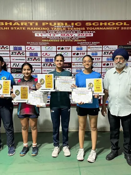 The top performers in the U-17 girls' category at the Delhi State Ranking Tournament, including our academy's players, recognized for their skill.