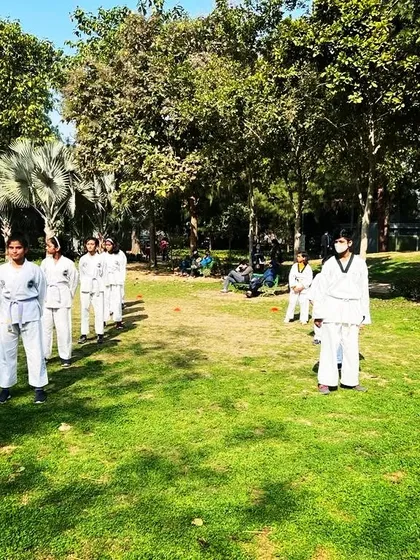 Students lined up and ready for their turn to be tested. The belt exam is a formal process that teaches respect and patience.