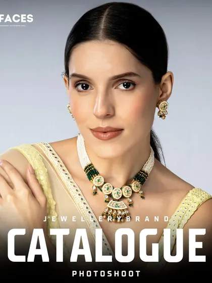A model displays a traditional kundan necklace with green beads, styled for a contemporary audience. The clean background and direct gaze make it a strong catalogue image.