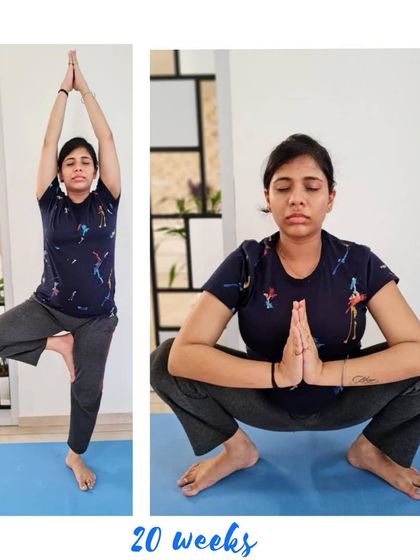 At 20 weeks, this mama is finding stillness and strength in Tree Pose and Malasana (Garland Pose).