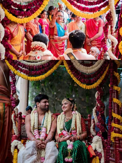 The joy of a traditional South Indian Oonjal or swing ceremony. We specialize in capturing the vibrant colors and lively rituals of Tambram and Iyer weddings, ensuring every tradition is beautifully documented.