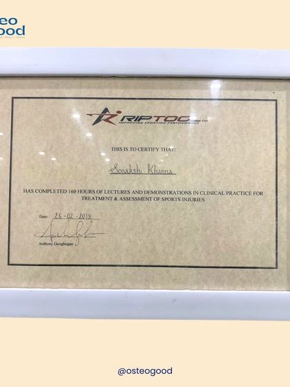 This certificate documents my completion of 160 hours of clinical practice for the treatment and assessment of sports injuries. This hands-on training ensures I am proficient in the latest diagnostic and therapeutic techniques.