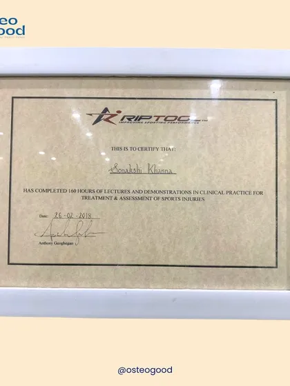 This certificate documents my completion of 160 hours of clinical practice for the treatment and assessment of sports injuries. This hands-on training ensures I am proficient in the latest diagnostic and therapeutic techniques.