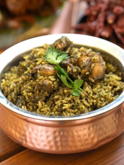 The vibrant green chicken palav, a testament to the fresh, herb-forward flavours of my cooking.