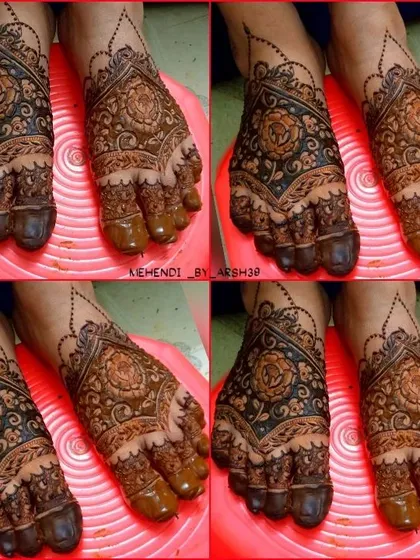 Bridal feet mehendi is just as important as the hands. This collage showcases a detailed floral design that I created to beautifully adorn the bride's feet for her wedding day.