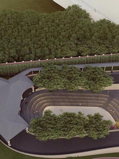 Our institutional designs include unique, purpose-built spaces. This detailed view shows a custom-designed amphitheater for outdoor lessons and performances, alongside other specialized activity zones, demonstrating our meticulous approach to every aspect of the campus plan.