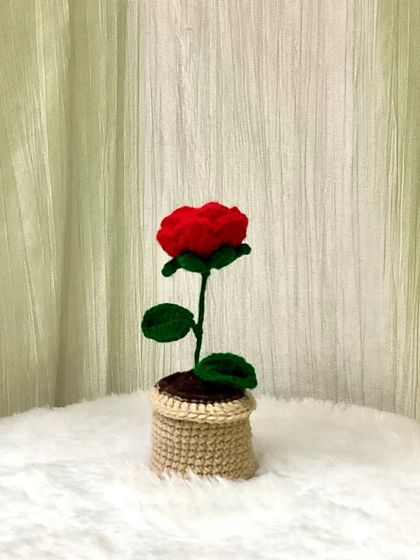 A single, elegant red rose in its own little crochet pot. This is a perfect, simple piece of handmade decor that adds a touch of romance to any space.